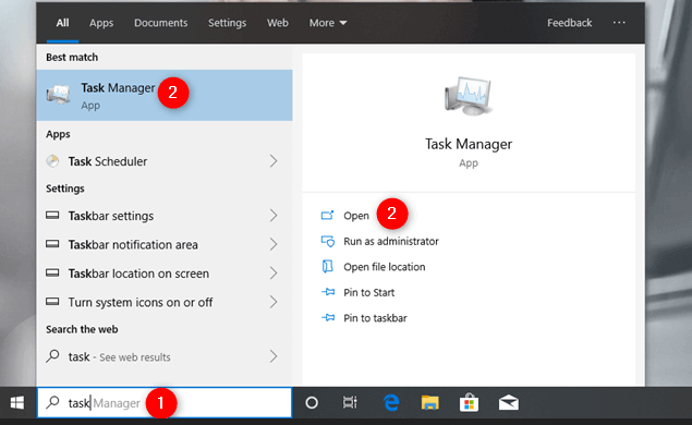 Åbn task manager i Windows 10,